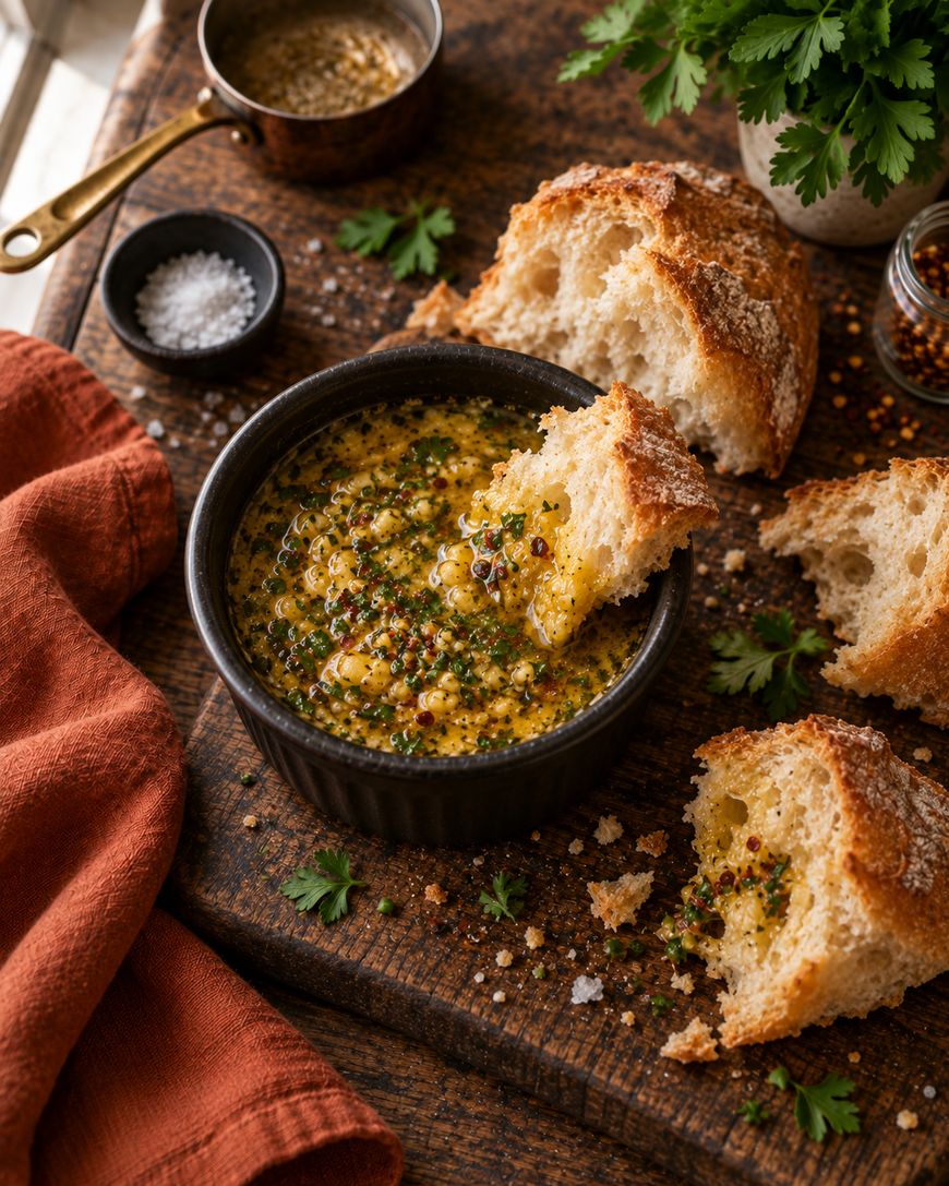A rustic wooden board holds a bowl of grainy mustard dip with herbs, surrounded by torn pieces of crusty bread, salt, and a red napkin.