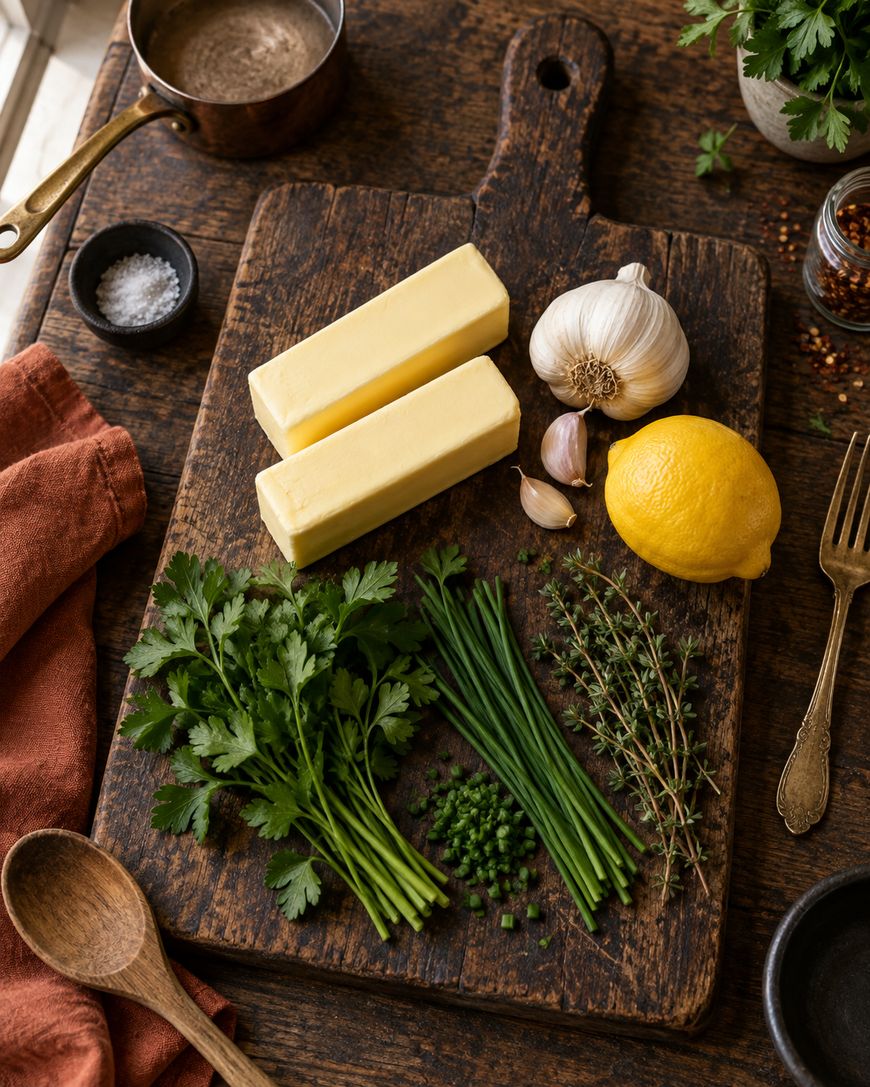 Two sticks of butter, a head of garlic, three garlic cloves, a lemon, parsley, chives, thyme, salt, and red pepper flakes on a wooden cutting board with a wooden spoon and fork nearby.