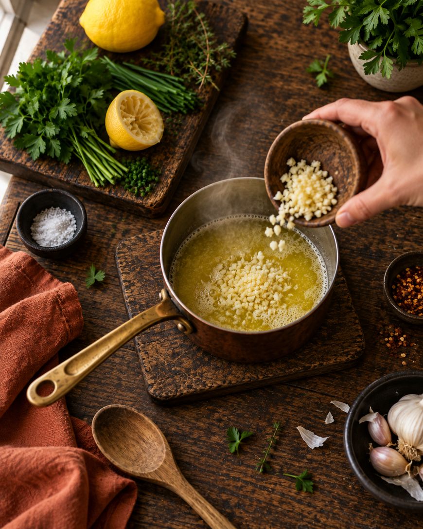 A hand pours uncooked orzo pasta into a pot of boiling broth on a wooden table, surrounded by fresh herbs, lemon, garlic, spices, and a wooden spoon.