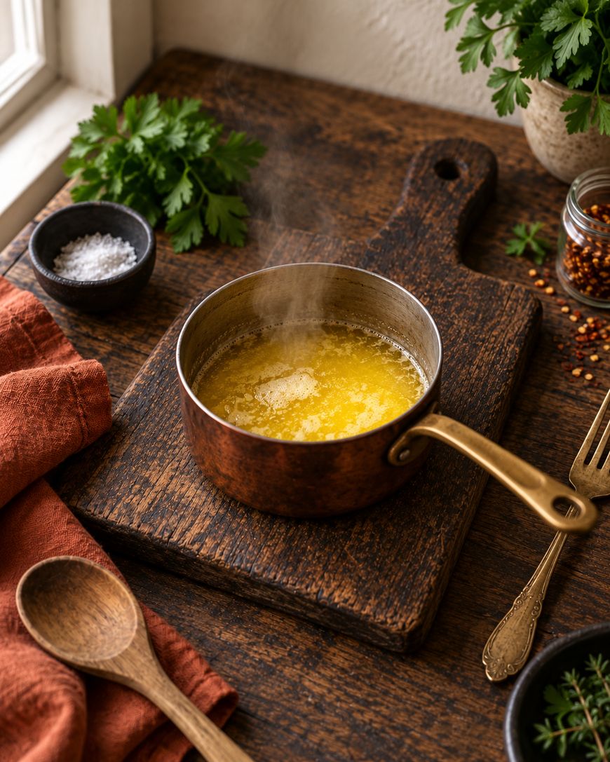 A small copper saucepan with melted butter sits on a wooden board, surrounded by a wooden spoon, herbs, a bowl of salt, and a red cloth on a rustic wooden table. Steam rises from the butter.