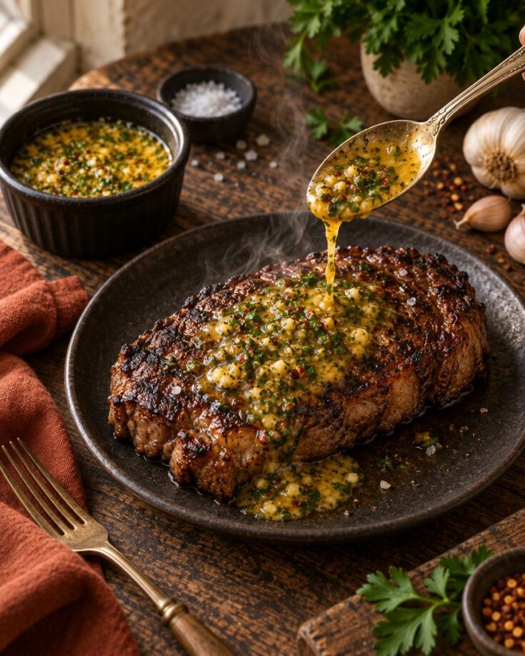 A grilled steak on a dark plate is topped with herbed garlic butter from a spoon. Steam rises from the steak. Nearby are a ramekin of sauce, salt, parsley, garlic, and a fork on a rustic wooden table.