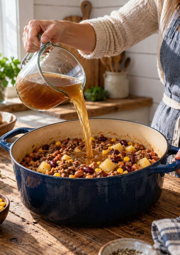 A person pours broth into a pot filled with beans, corn, potatoes, and meat, preparing a stew in a sunlit kitchen.