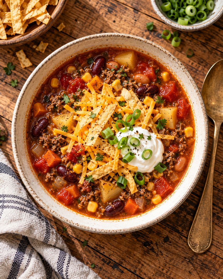 A bowl of hearty soup with ground meat, potatoes, beans, corn, tomatoes, topped with sour cream, shredded cheese, tortilla strips, and chopped green onions sits on a wooden table beside a spoon and napkin.