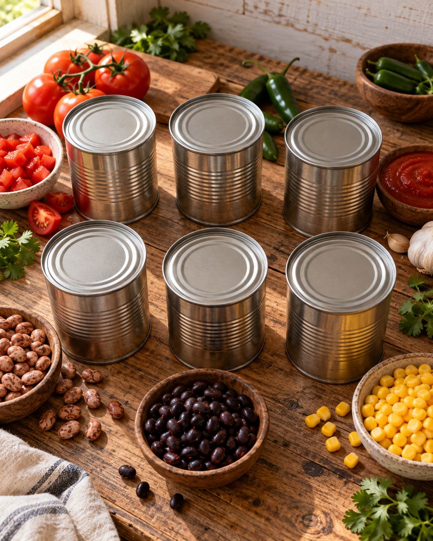 Six unopened metal cans are arranged on a rustic wooden table surrounded by fresh tomatoes, beans, corn, chopped vegetables, herbs, and bowls of salsa, suggesting meal preparation or recipe ingredients.