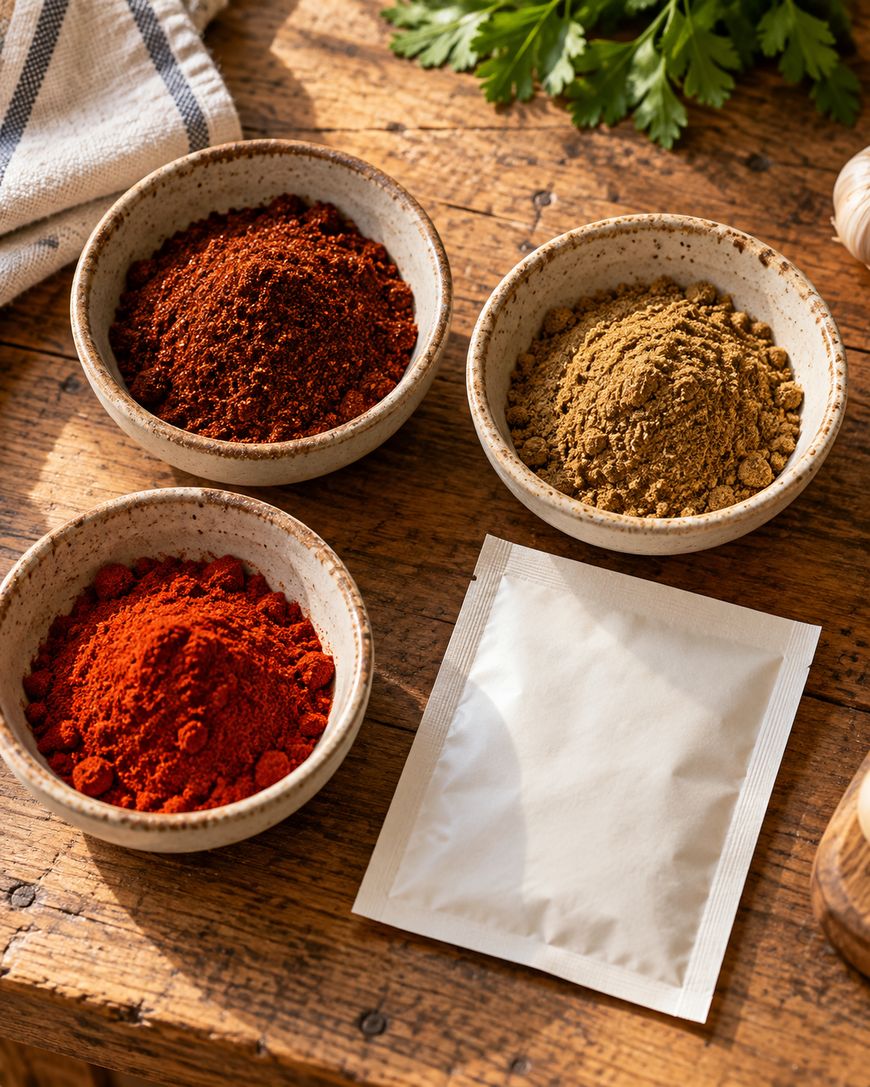 Three bowls of ground spices—two red and one brown—sit on a rustic wooden table next to a sealed white packet, with parsley and a striped cloth in the background.