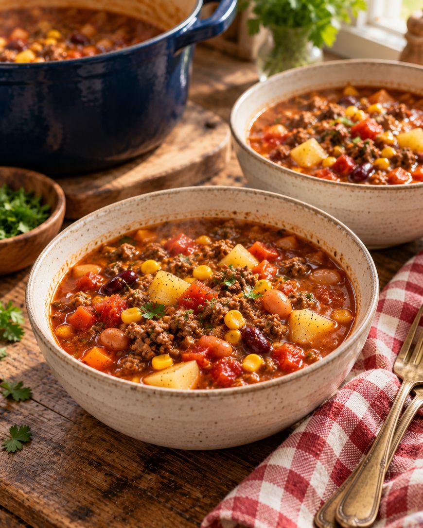 Two bowls of hearty vegetable soup with beans, corn, potatoes, and ground meat, garnished with parsley. A pot of soup and fresh herbs are in the background, with a red checkered napkin and utensils beside the bowls.