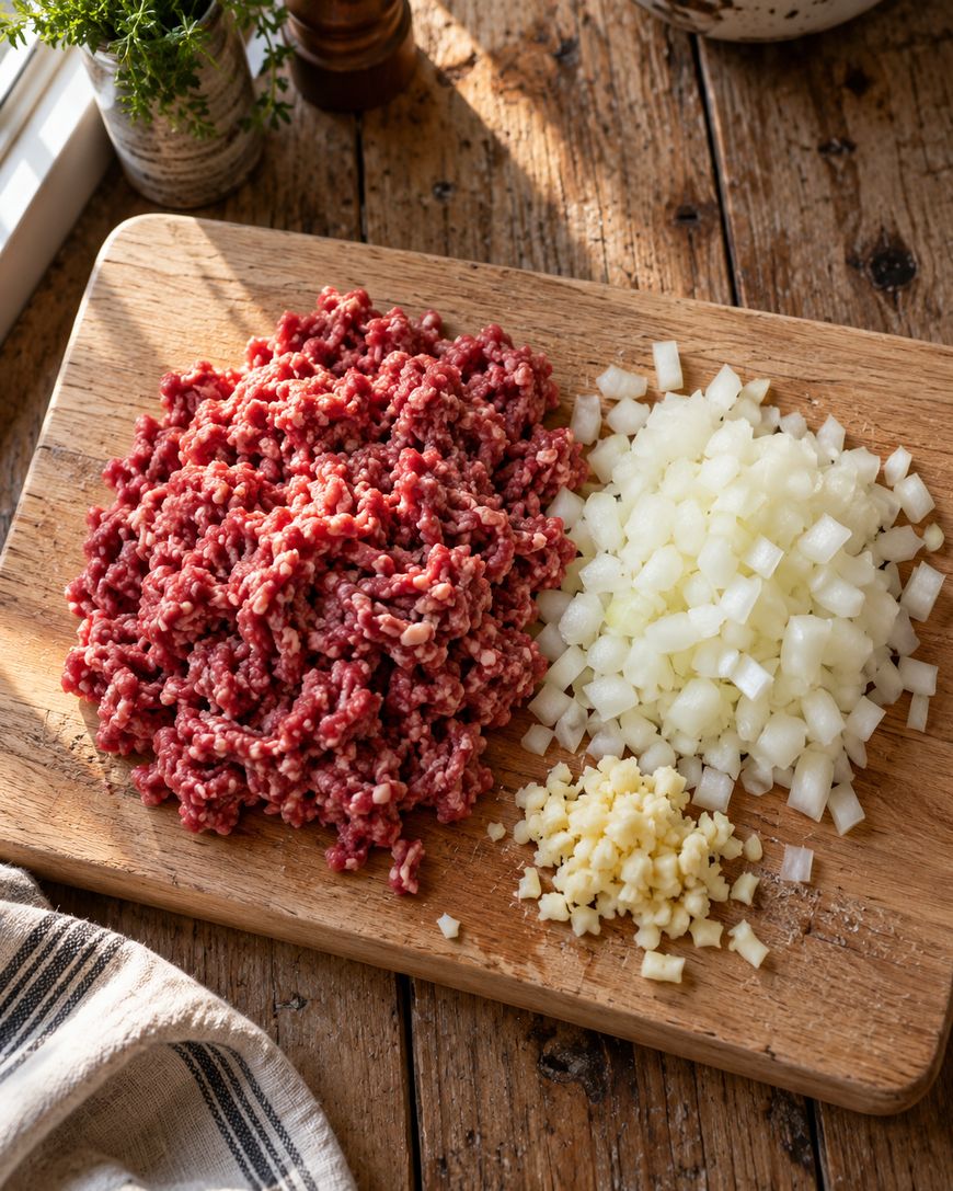 A wooden cutting board with piles of raw ground beef, diced white onions, and minced garlic, sitting on a rustic table in natural sunlight.