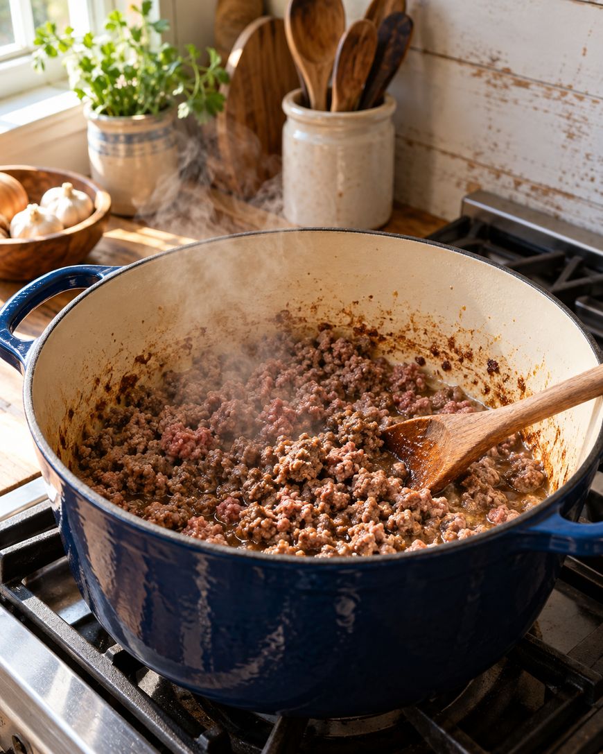 Ground beef is being browned in a large blue pot on a stove, with steam rising and a wooden spoon resting inside. Kitchen utensils, garlic, and a potted plant are in the background.