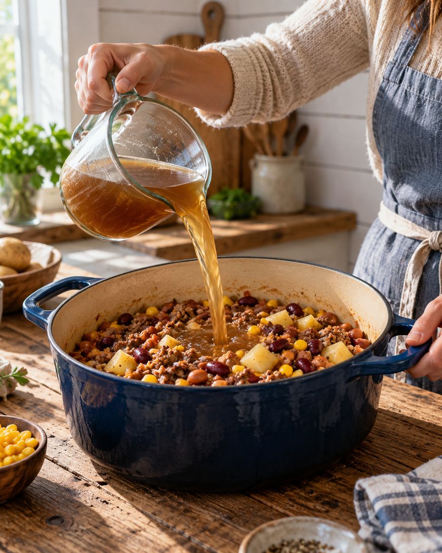 A person pours broth from a glass pitcher into a blue pot filled with beans, corn, potatoes, and ground meat on a rustic kitchen table.