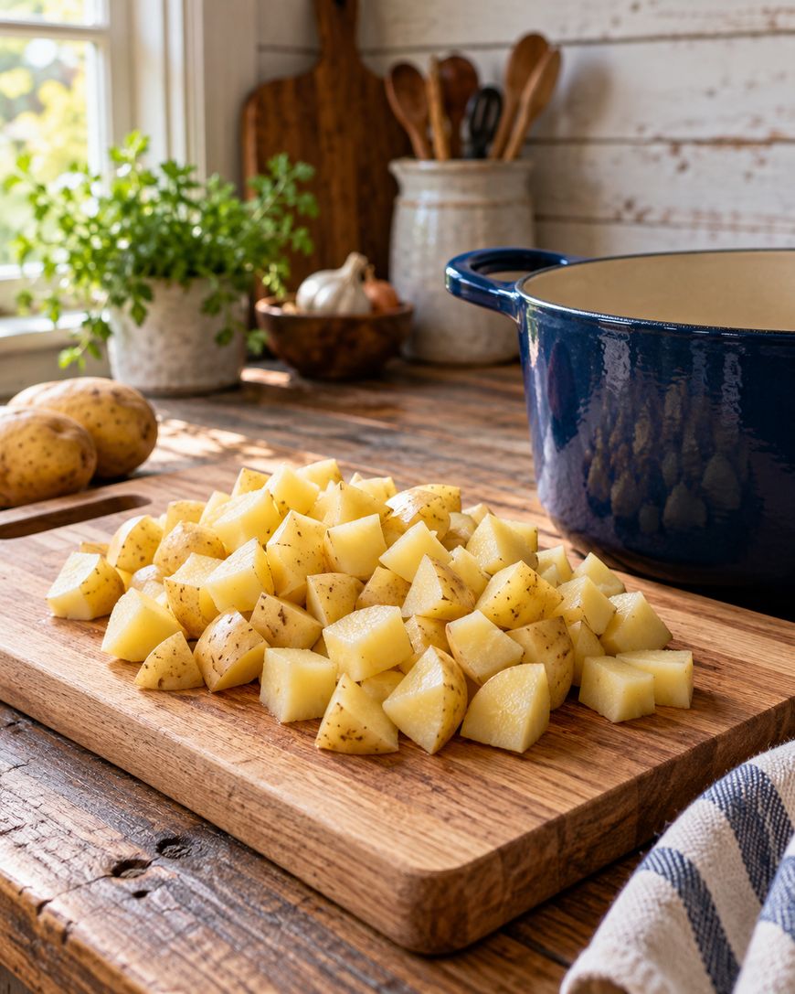 Diced potatoes sit on a wooden cutting board beside a blue pot in a rustic kitchen, with sunlight streaming through a window and herbs and utensils in the background.