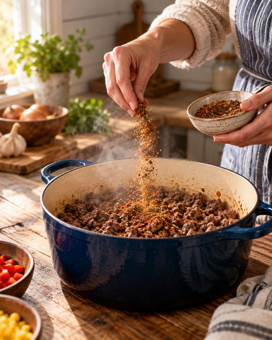 A person sprinkles spices into a blue pot of browned ground beef on a rustic wooden kitchen table, surrounded by fresh ingredients like garlic and vegetables.