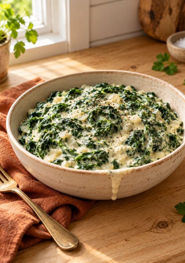 A bowl of creamy spinach sits on a wooden table near a window, garnished with cracked black pepper. A fork rests on an orange napkin beside the bowl, with fresh parsley and a salt dish nearby.