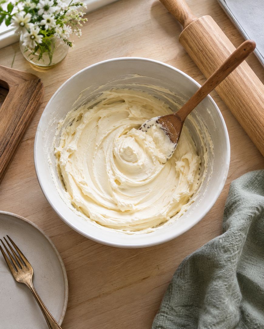 A bowl of creamy frosting with a wooden spoon sits on a wooden table, surrounded by a rolling pin, a plate with a fork, a green cloth, and a small vase of white flowers.