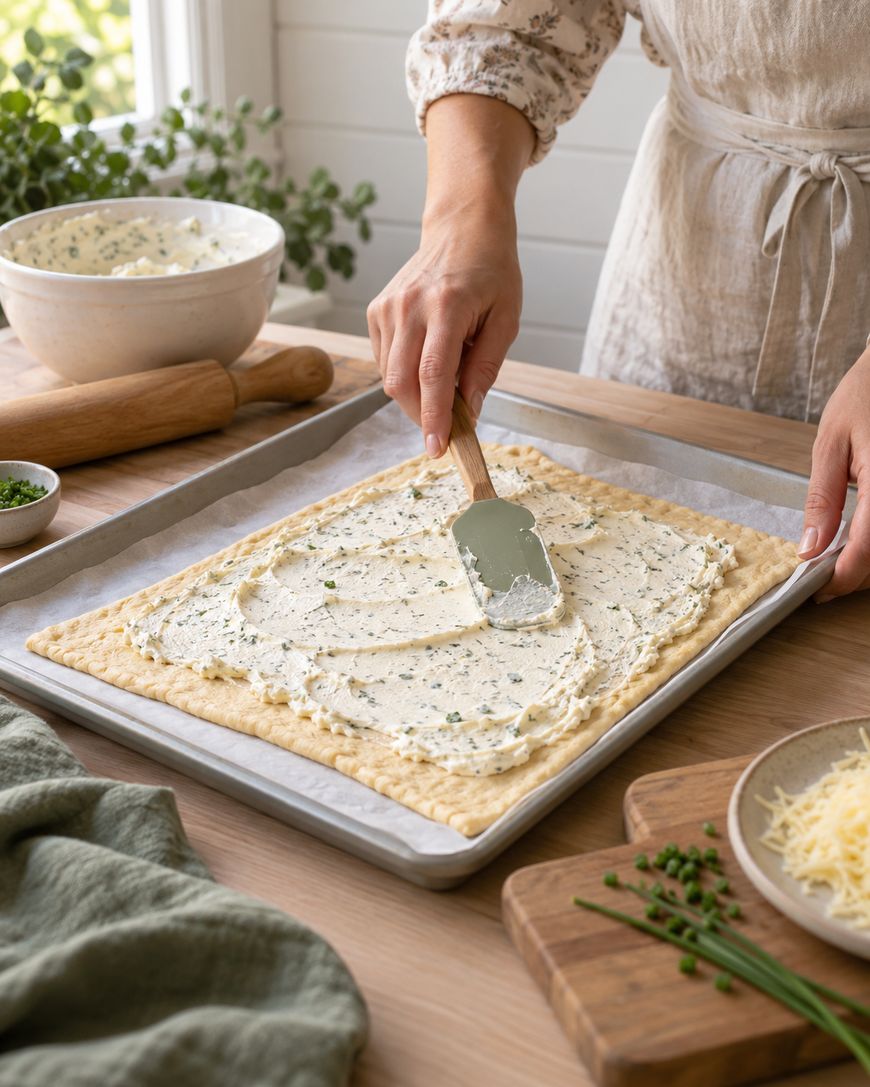 A person spreads creamy herb cheese onto a rectangular sheet of dough on a baking tray, with fresh herbs, cheese, and a rolling pin nearby on a wooden table.