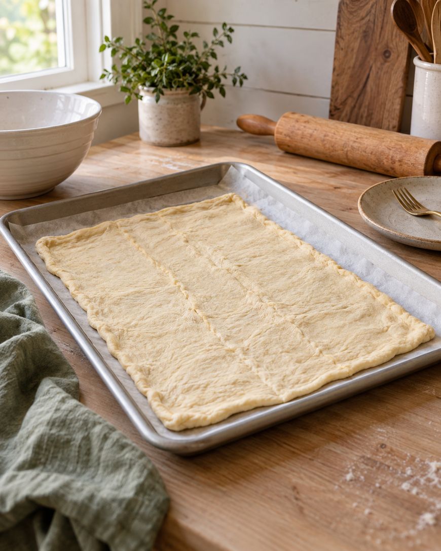 A rectangular sheet of uncooked dough is spread on a baking tray placed on a wooden kitchen counter, with a rolling pin, plates, and a potted plant nearby.