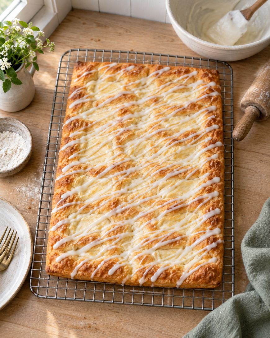 Rectangular iced pastry cooling on a wire rack, with glaze drizzled on top. Surrounded by a bowl of icing, rolling pin, plate with fork, small plant, and a green napkin on a wooden surface.