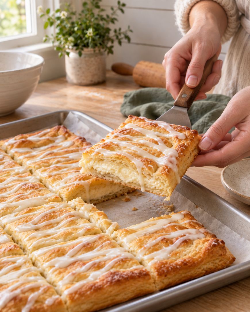 A person lifts a square piece of glazed pastry from a tray of similar pastries on a kitchen counter. A rolling pin, plant, and bowl are visible in the background.
