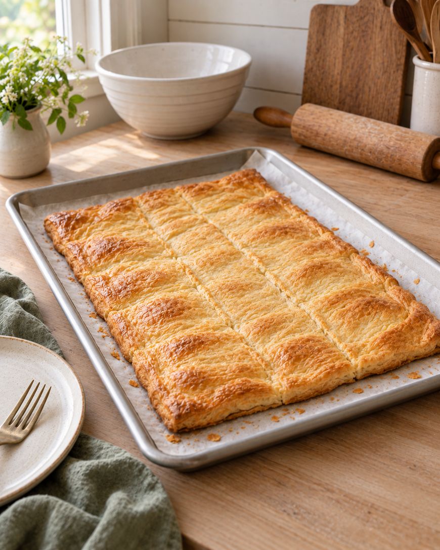 A rectangular, golden-brown pastry cut into even strips sits on a baking sheet on a wooden kitchen counter, with bowls, a rolling pin, and a plate nearby.