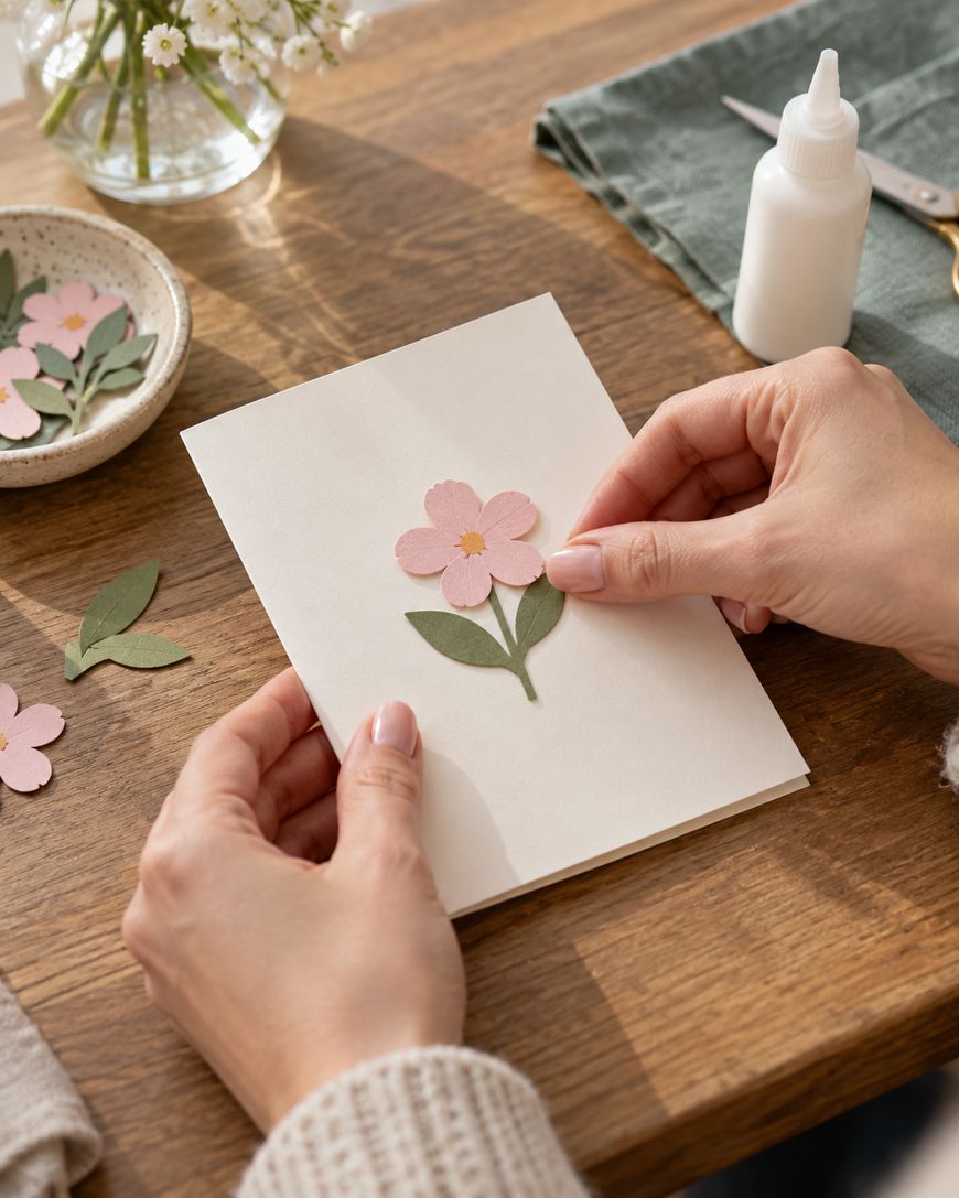 Hands are attaching a pink paper flower to a white greeting card on a wooden table, with glue, scissors, green leaves, and a vase of flowers nearby.