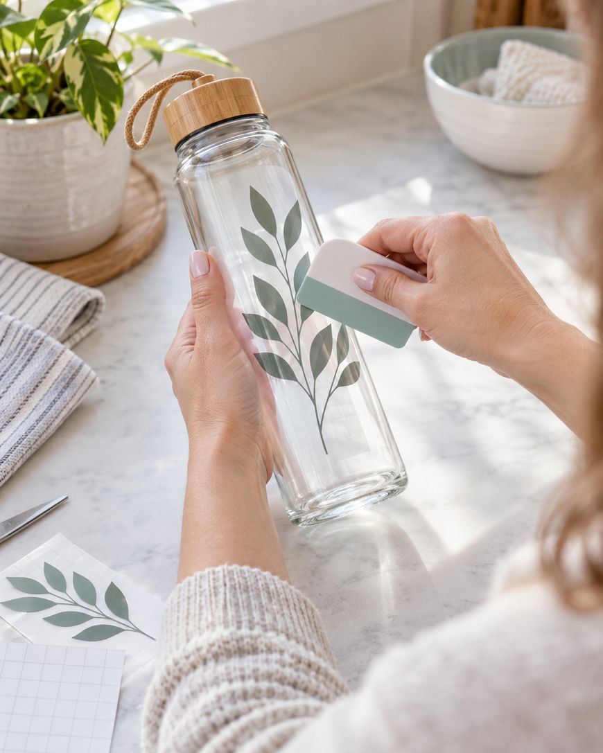 A person applies a leafy green decal to a clear glass water bottle on a marble countertop, with a bowl, plant, and towel nearby.
