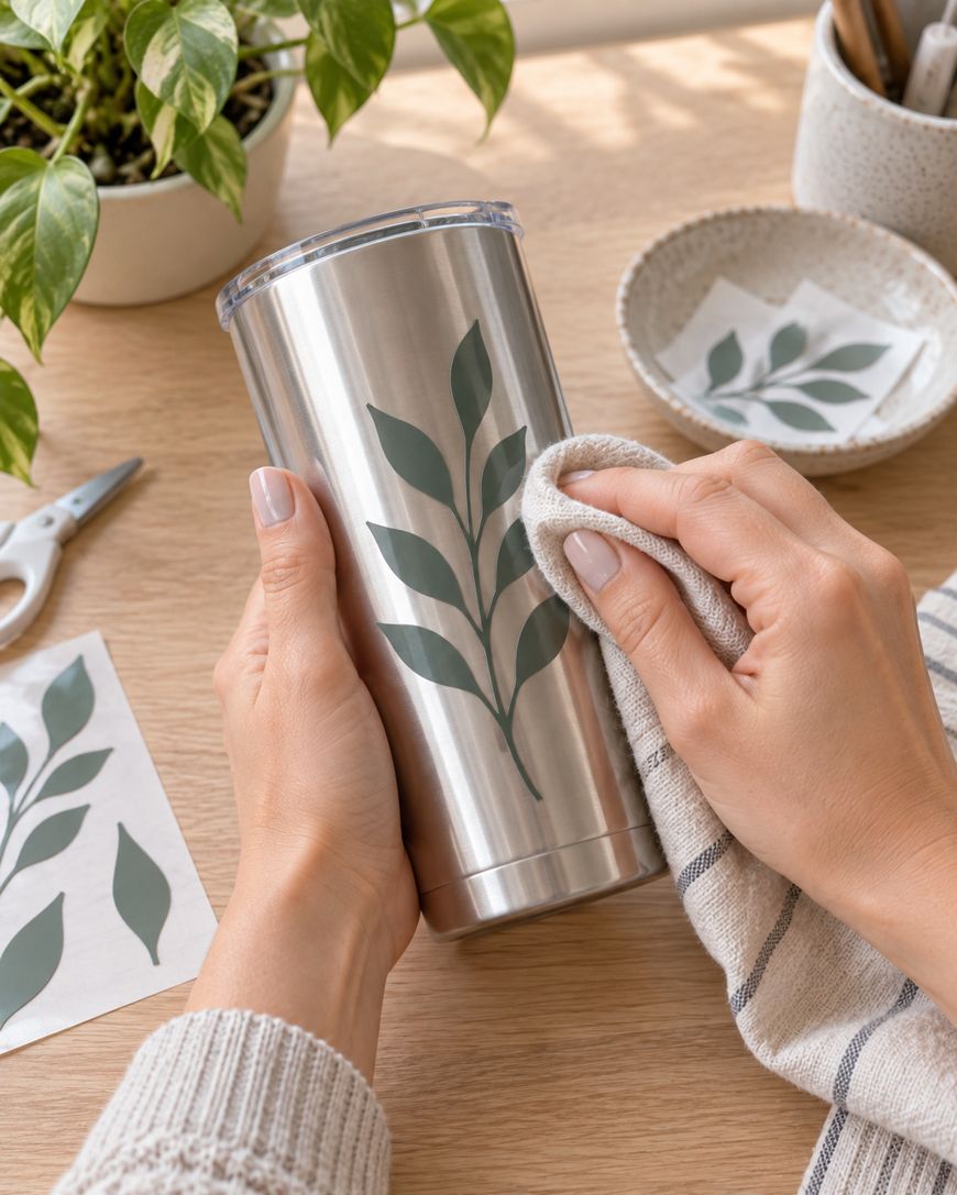 A person wipes a stainless steel tumbler decorated with a leafy vinyl decal. Nearby are scissors, more leaf decals, a plant, and a bowl on a wooden table.