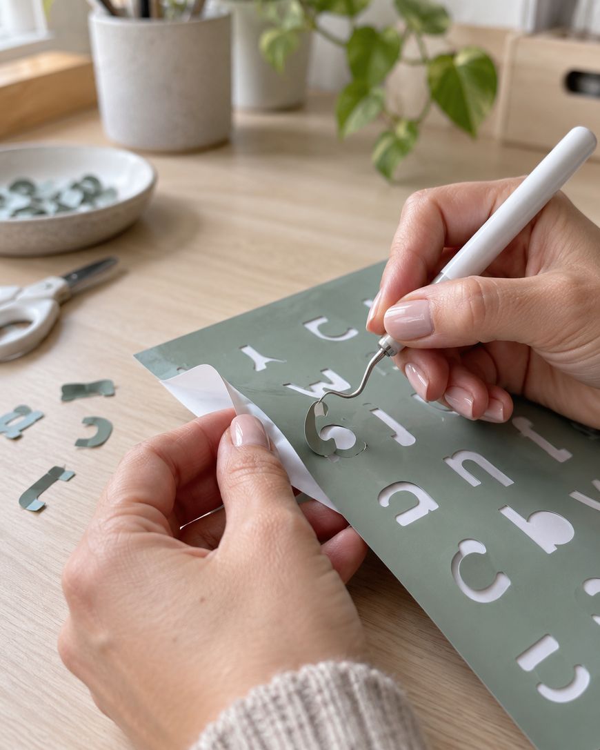 A person uses a tool to peel letter stickers from a green sheet at a desk. Scissors, a bowl with more letters, and a plant are visible in the background.