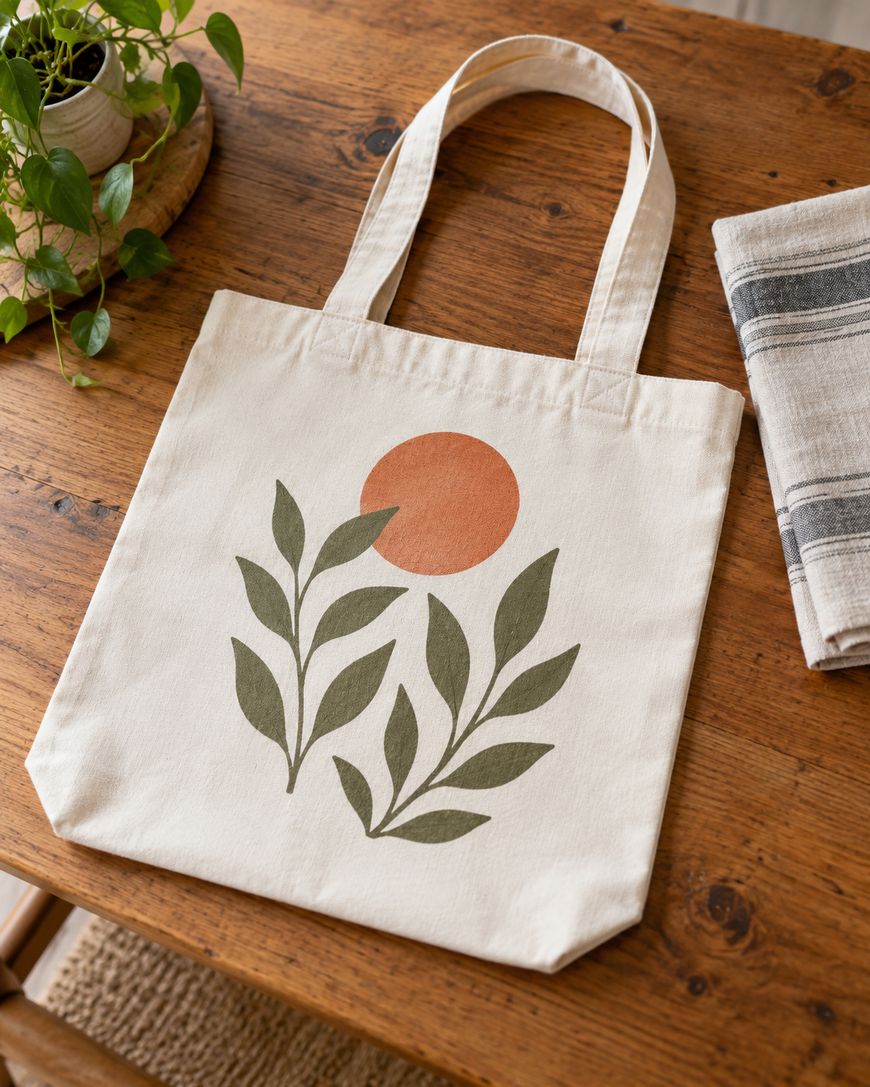 A cream tote bag with green leafy branches and an orange circle design sits on a wooden table near a striped cloth and a potted plant.