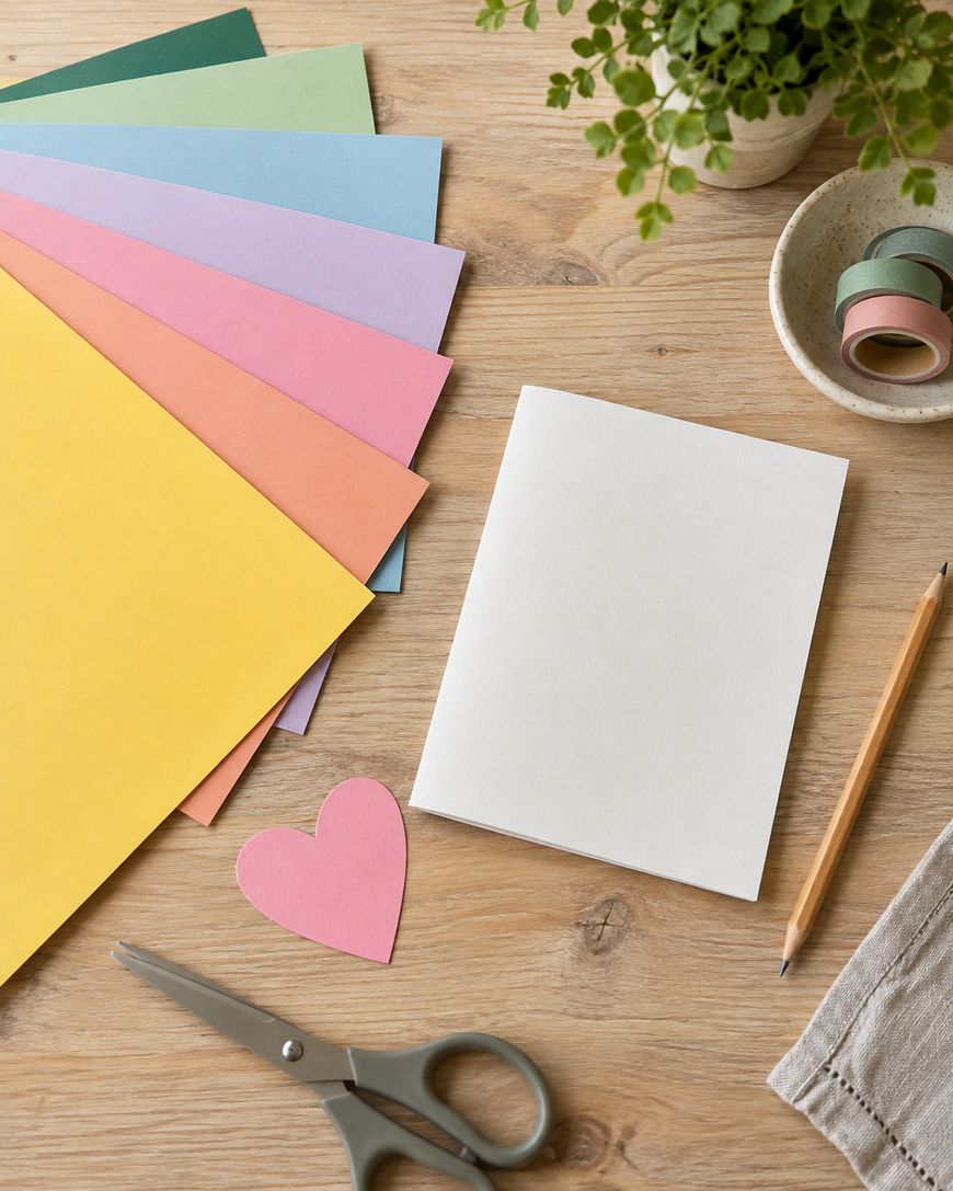 Colorful papers, a blank white card, a pink paper heart, pencil, scissors, tape rolls, and a potted plant are arranged neatly on a wooden table, suggesting a crafting or card-making activity.