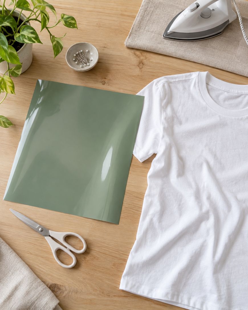 A white t-shirt, green transfer paper, scissors, an iron, a plant, and pins are arranged on a wooden table, suggesting a DIY craft or t-shirt design project.
