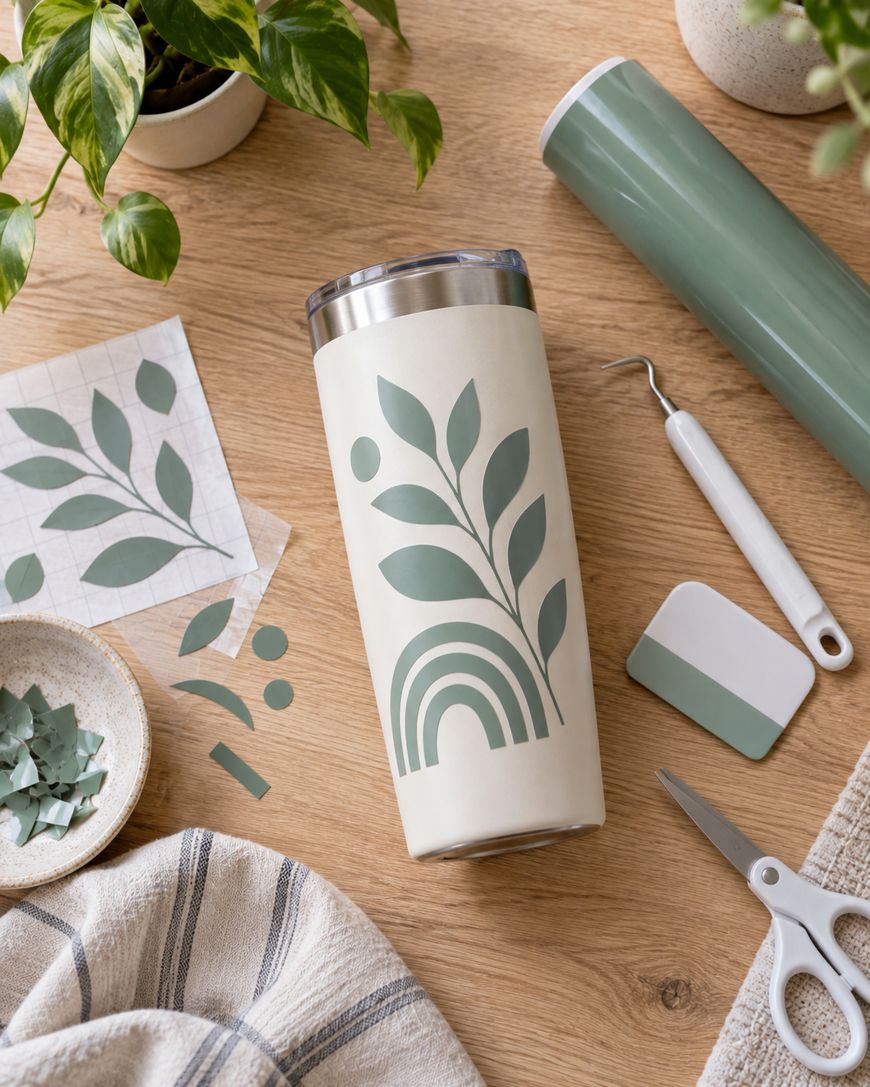 A tumbler decorated with green plant and rainbow shapes sits on a wooden table, surrounded by crafting tools, scissors, a green vinyl sheet, a houseplant, and a striped cloth.