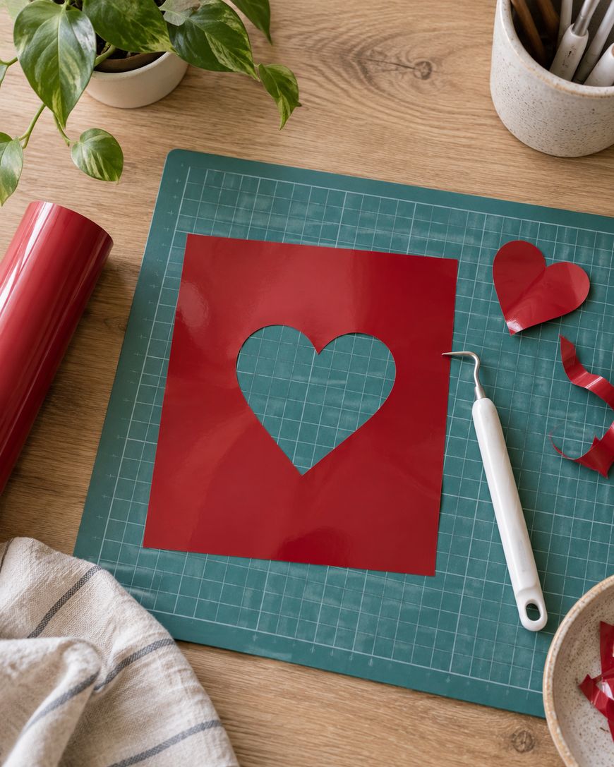 A red vinyl sheet with a heart cutout sits on a green cutting mat. A crafting tool and heart-shaped cutouts are nearby. A plant and art supplies are in the background.