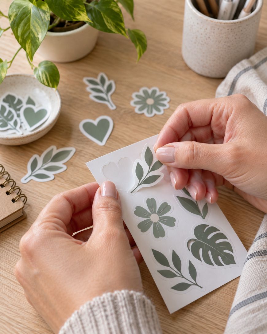 Hands peeling a green botanical sticker from a sticker sheet, with various plant and heart stickers on a wooden desk, surrounded by potted plants, a notebook, and a pen holder.