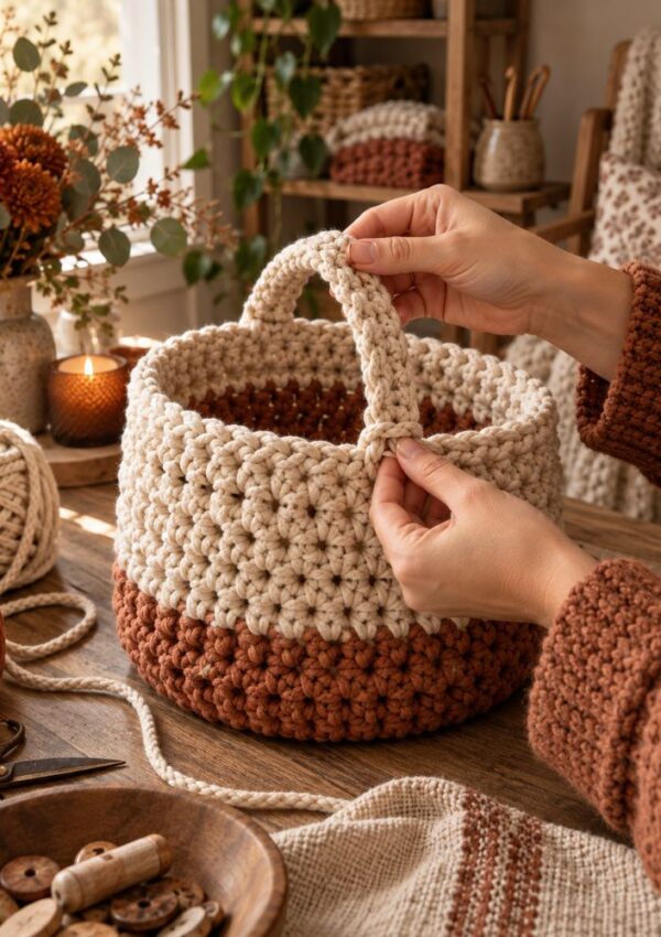 Hands holding a partially finished crocheted basket with cream and brown yarn in a cozy, sunlit room. Yarn, scissors, and buttons are on the wooden table nearby.
