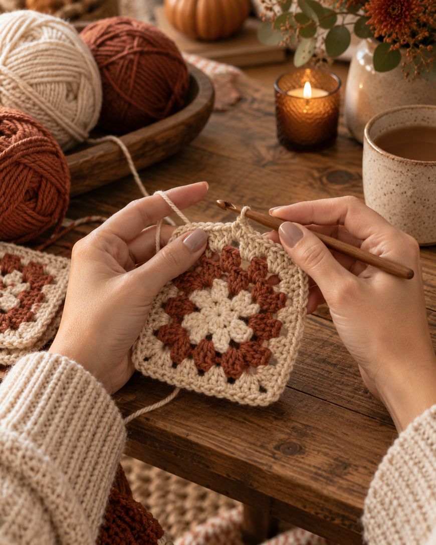 Hands crocheting a granny square with cream and brown yarn; yarn balls, a lit candle, a mug, and autumn decor are on a wooden table in the cozy setting.