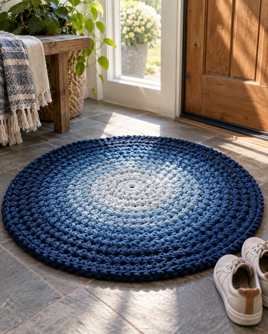 A round, crocheted rug with a blue ombre pattern sits on a tiled floor by a wooden door. Nearby are beige sneakers, a bench with a blanket, a potted plant, and sunlight streaming through a window.
