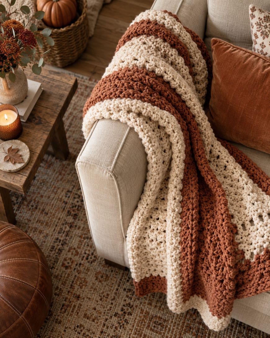 A beige couch with a chunky knit blanket in cream and rust colors draped over the arm, next to a wooden coffee table with a candle, flowers, and a basket of pumpkins, creating a cozy fall atmosphere.