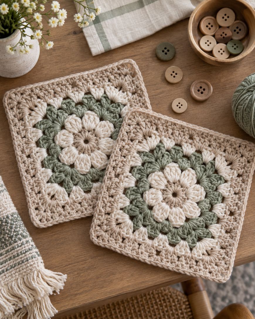 Two crocheted granny squares with green, cream, and beige yarns are on a wooden table, surrounded by buttons, a striped towel, flowers in a vase, and a ball of green yarn.