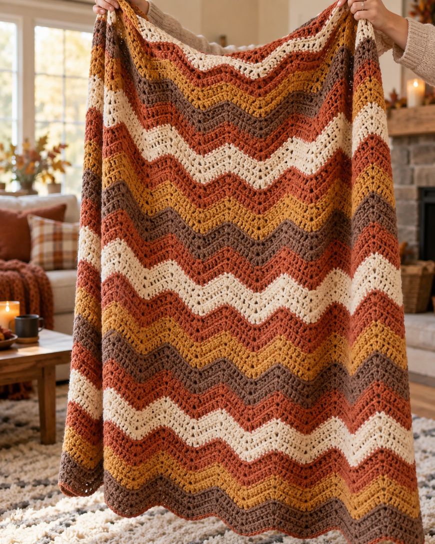 A person holds a crocheted blanket with zigzag stripes in autumn colors—orange, brown, mustard, and cream—in a cozy, warmly lit living room.