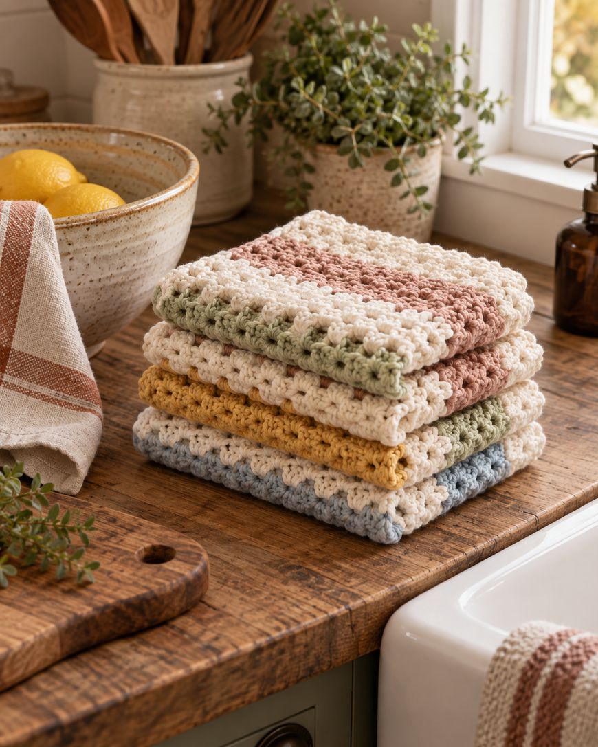 A stack of crocheted dishcloths in pastel colors sits on a wooden kitchen counter near a sink, with bowls, plants, and a towel visible in the background.