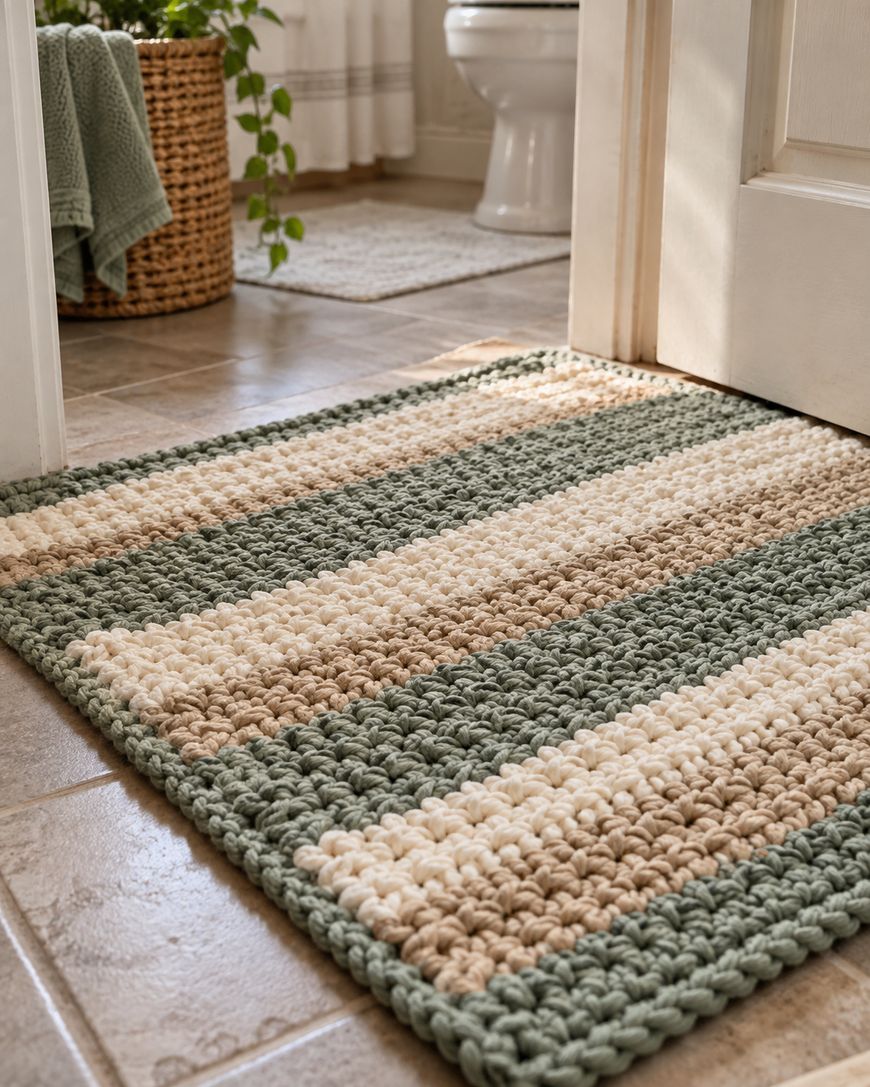 Striped crochet bath mat in shades of beige, cream, and sage green on a tiled bathroom floor. A wicker basket with towels and a plant are in the background near a toilet.