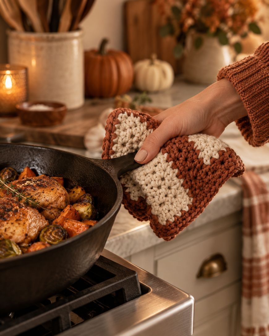A hand wearing a knitted oven mitt holds a skillet handle, cooking chicken and vegetables on a stove in a cozy, autumn-decorated kitchen with pumpkins and warm lighting.