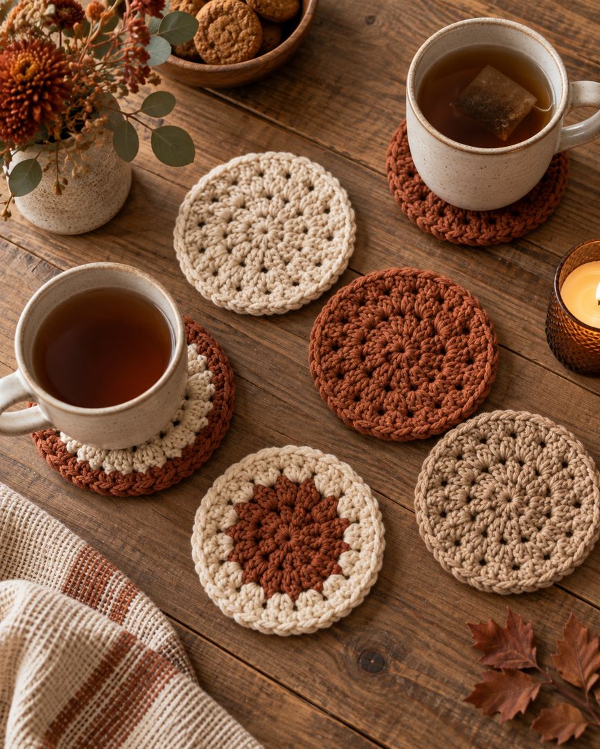 Six crocheted coasters in earth tones are arranged on a wooden table with two cups of tea, a candle, a bowl of cookies, autumn leaves, and dried flowers.