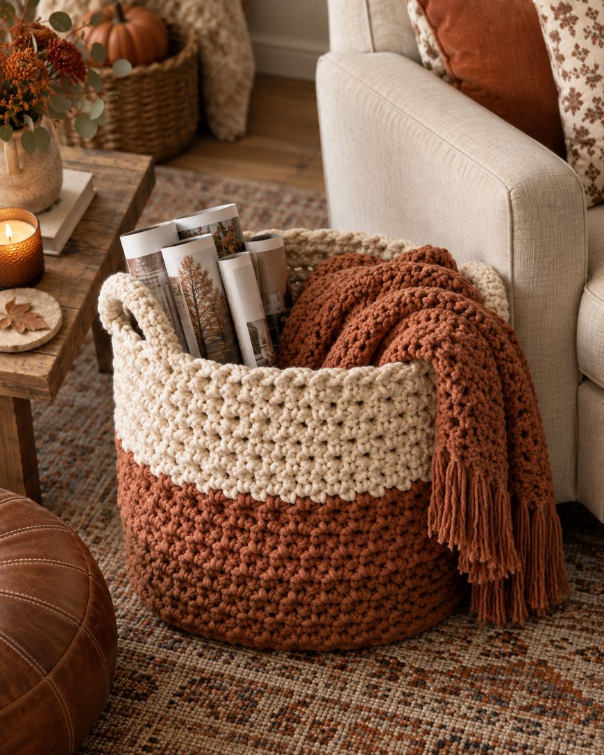 A chunky knit basket filled with rolled magazines and a matching rust-colored blanket sits beside a beige sofa in a cozy, autumn-themed living room.