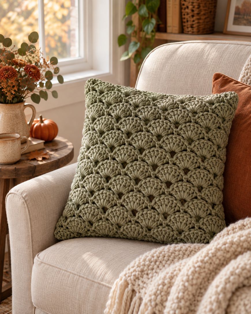 A textured green crochet pillow sits on a beige armchair with a cozy knit throw. A small table nearby holds autumn decor, mugs, and a pumpkin, with sunlight streaming through a window in the background.