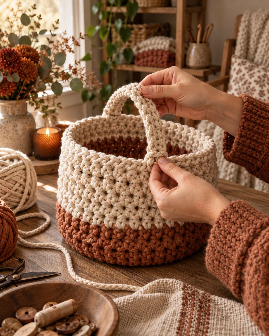 Hands hold a beige and brown crocheted basket on a wooden table with yarn, scissors, buttons, and cozy decor in the background.