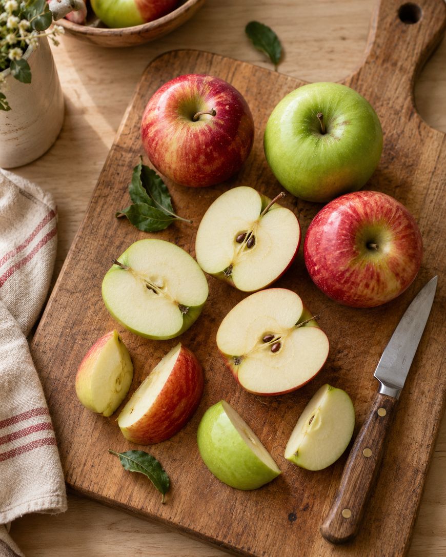 A wooden cutting board with whole and sliced red and green apples, a small knife, and a few apple leaves. Theres a striped towel and a bowl with more apples in the background.
