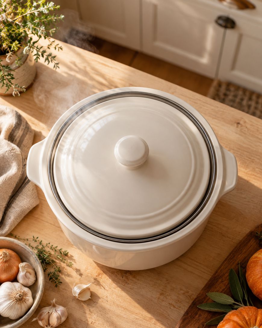 A white ceramic pot with a lid sits on a wooden countertop, surrounded by fresh onions, garlic, and herbs in a sunny kitchen.