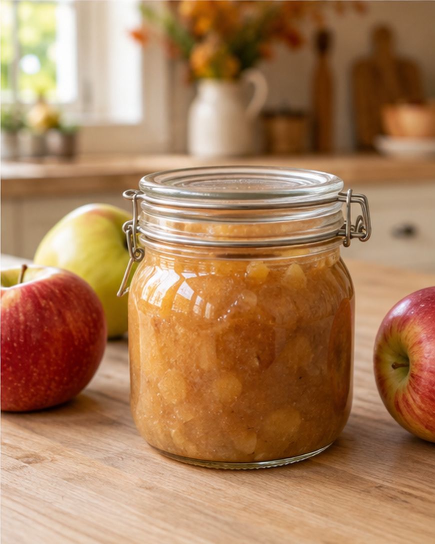 A glass jar filled with homemade applesauce sits on a wooden kitchen counter, surrounded by fresh apples. The background shows a window and blurred kitchen items.