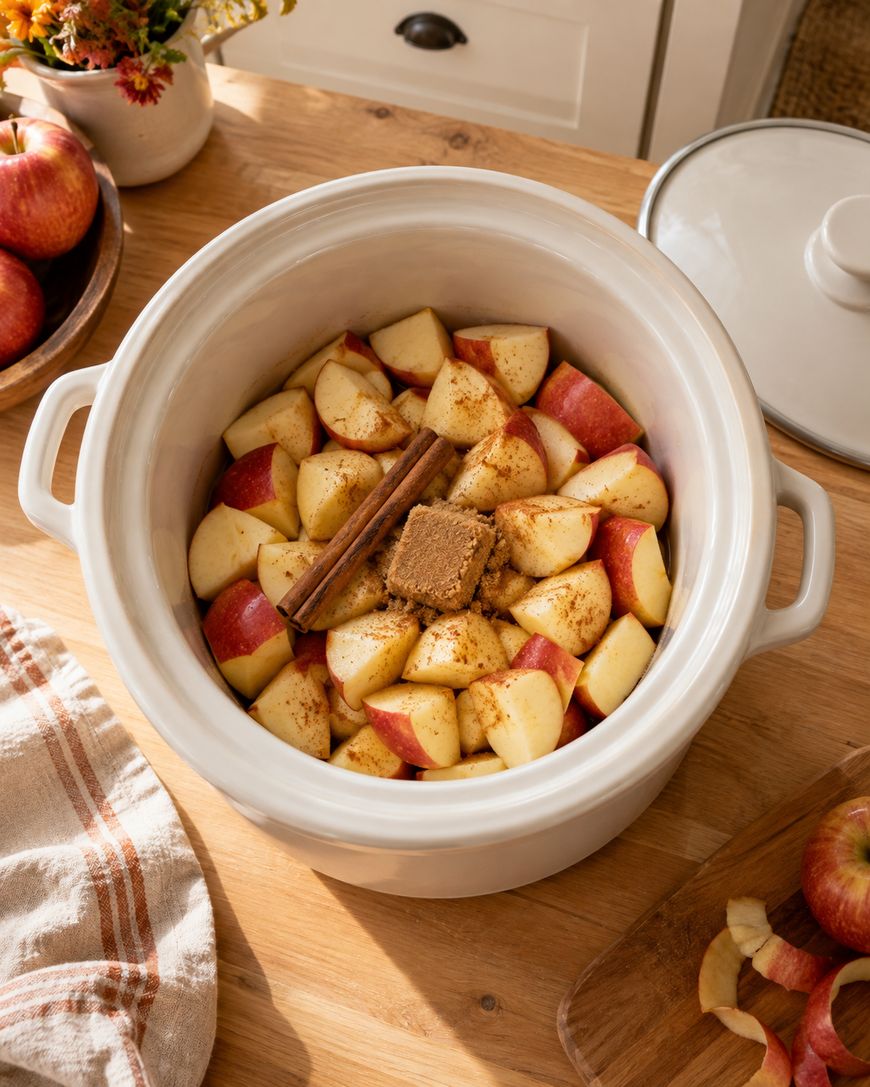 A white crockpot filled with chopped apples, two cinnamon sticks, brown sugar, and spices sits on a wooden table with apples, a striped towel, and flowers nearby.