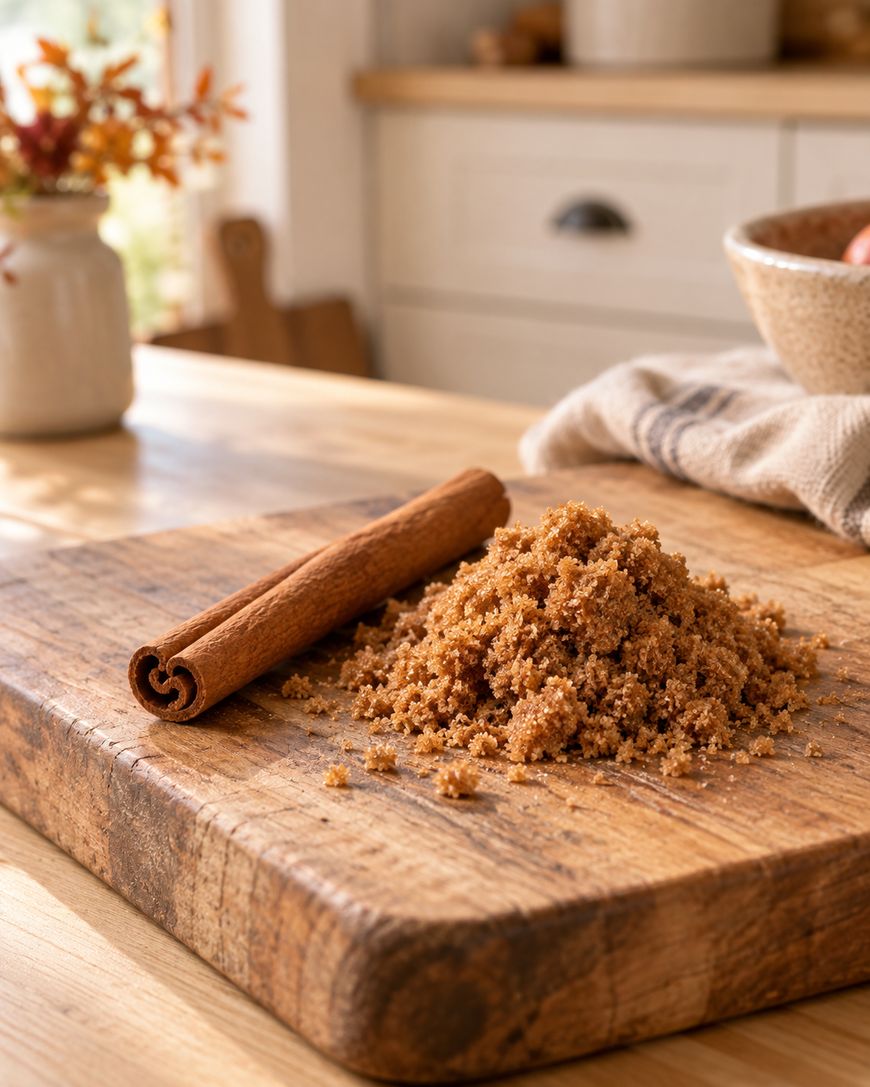A pile of brown sugar and a cinnamon stick rest on a wooden cutting board in a sunlit kitchen.